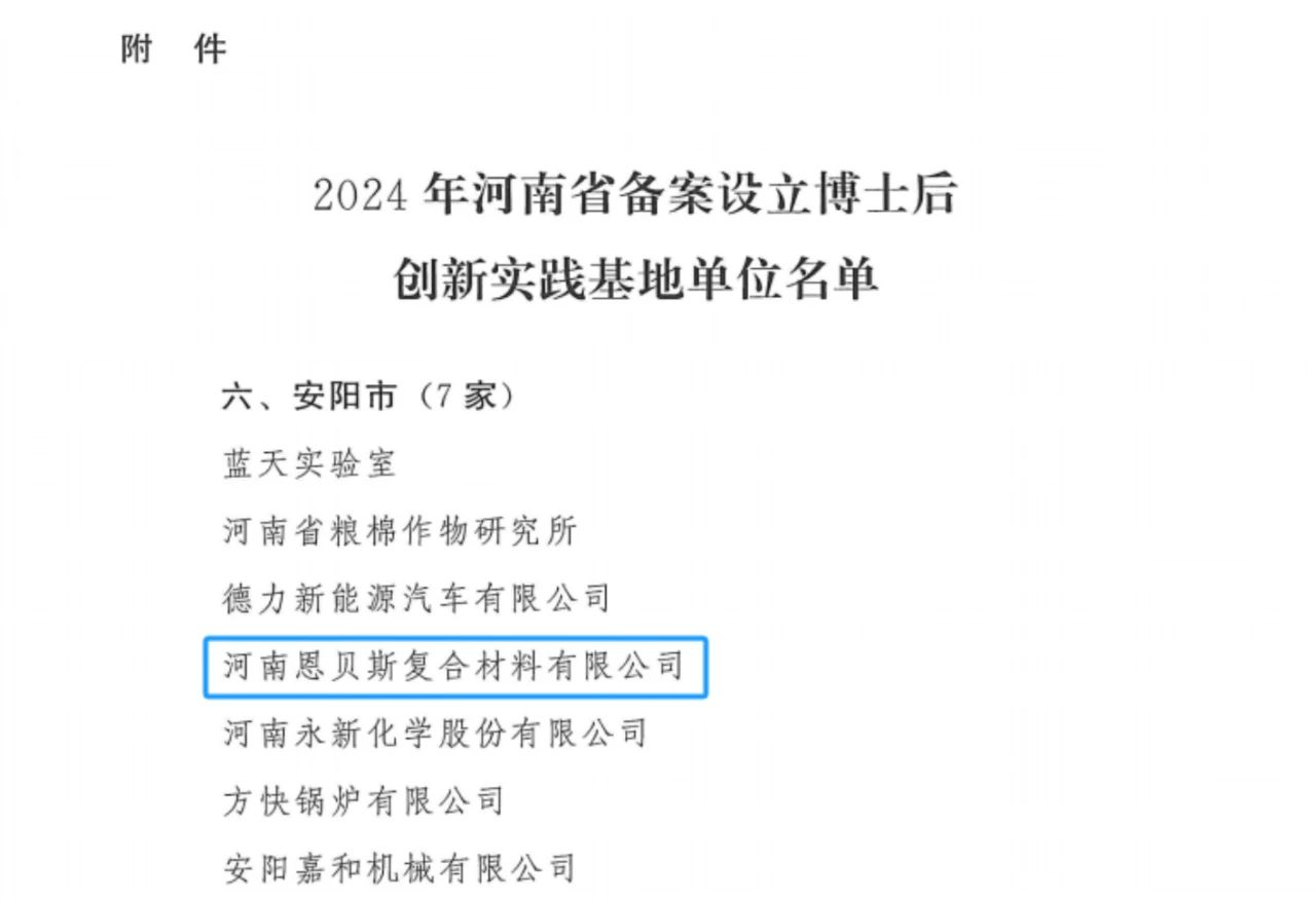 恩贝斯复材：博士后创新实践基地单位认定成功